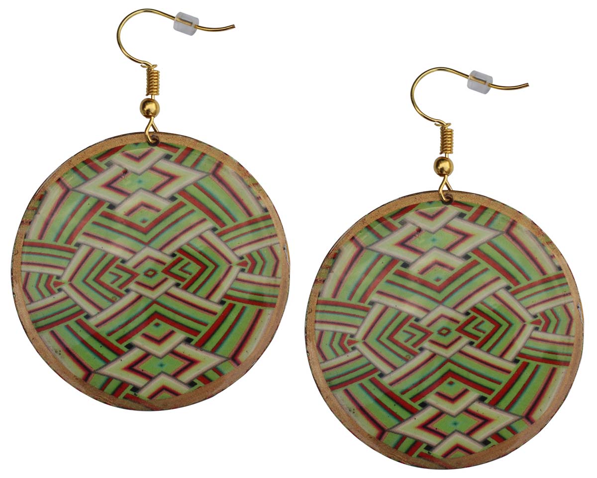 2.5” Pair of Round Hook Earrings in Brass - Green Interlocked Dimensional Pattern - Drop Earrings / Women Fashion Jewelry - Buy in Bulk Wholesale